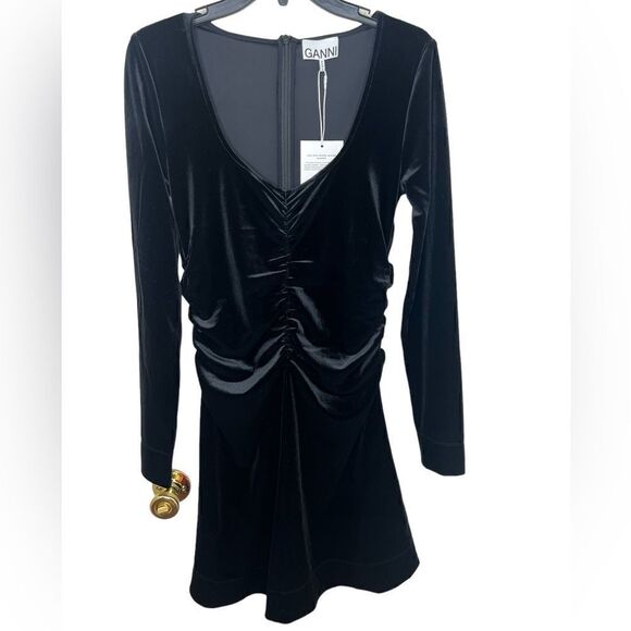 GANNI Black Long Sleeve U-Neckline Velvet Jersey Ruched Mini Dress Size US 6 - Picture 2 of 14